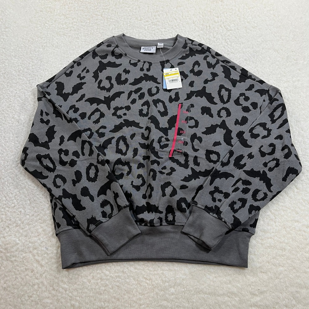 Mighty Fine Sweatshirt Womens XXS Gray Leopard Bat Print Crewneck Pullover NEW‎